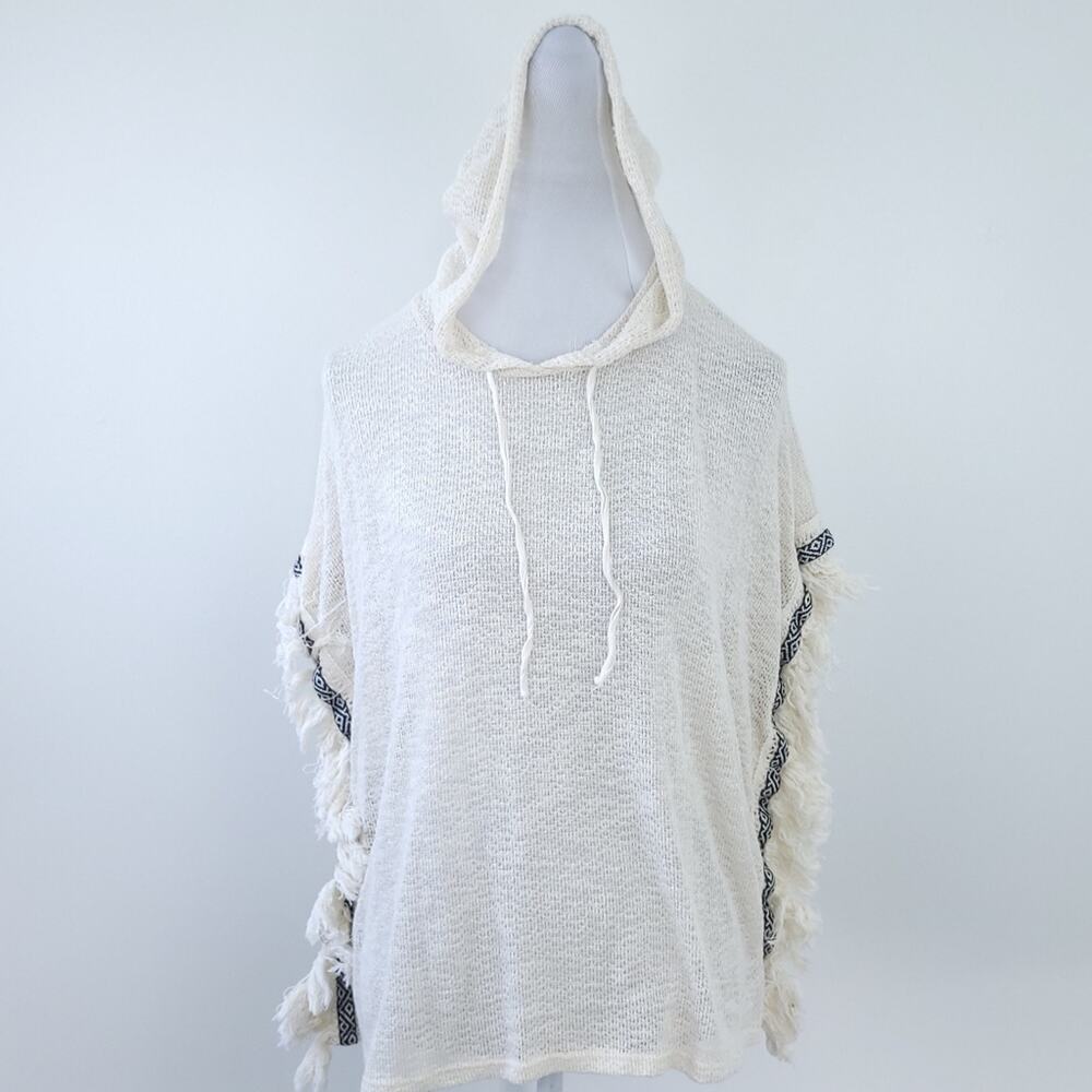 Lily White Poncho Knit Top Small Hooded Cream & Black Trim, Fringe Boho Festival